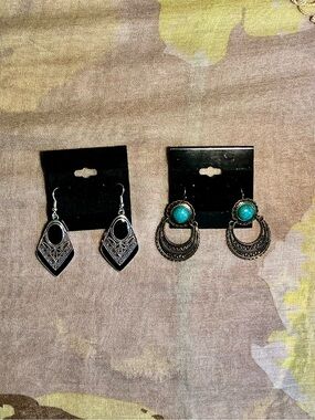 Gold/ bronze-Tone Turquoise Accent drop Earrings and a silver tone with black.
